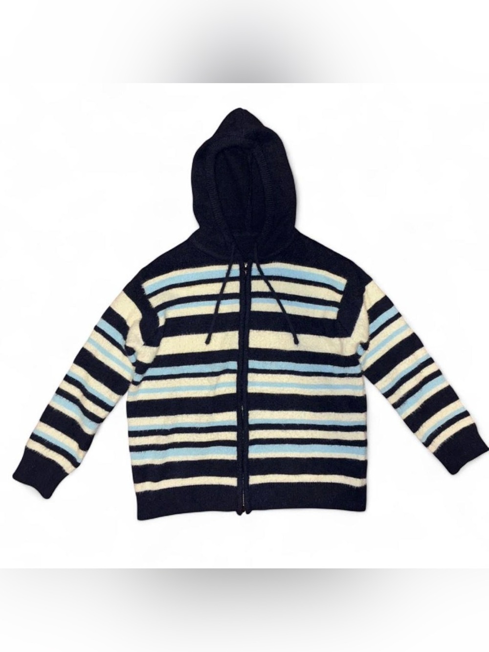 Men's Striped Zip Hoodie in Navy Blue, Cream & Light Blue